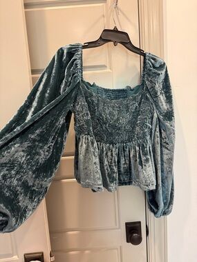 Women's Velvet Peplum Blouse - Teal